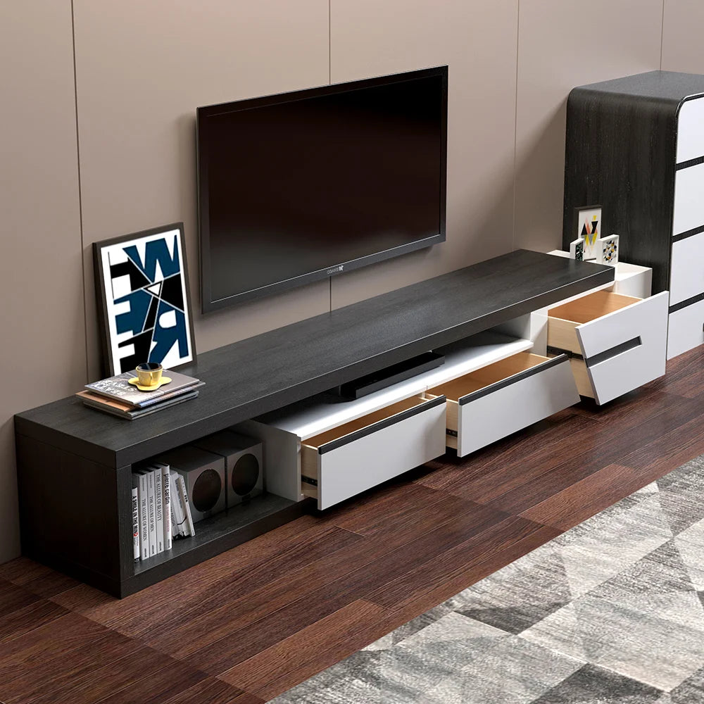 Pinkle Meuble TV Extensible Moderne avec Étagère et Tiroir Blanc et Noir