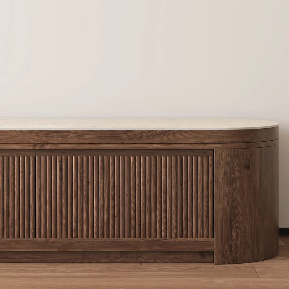 Meuble TV extensible Velar 180-290 cm à cannelures avec plateau pierre frittée et 3 tiroirs Noyer