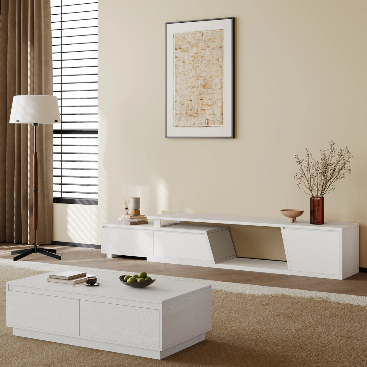 Meuble TV extensible Fero 180 à 280 cm avec 3 tiroirs Blanc