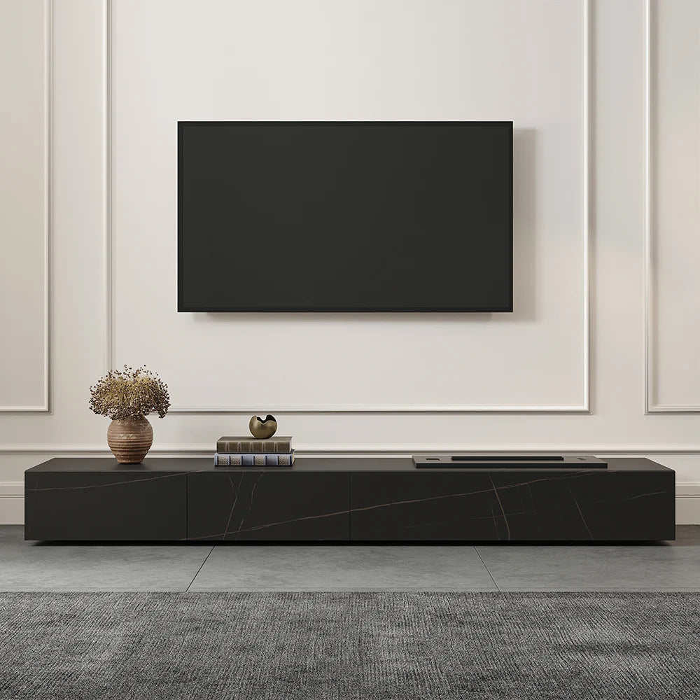 Meuble TV moderne 200 cm , effet flammes LED, humidificateur et 2 tiroirs Noir mat