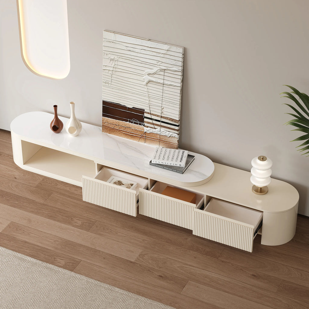 Meuble TV extensible Velar 180 à 290 cm à cannelures avec plateau pierre frittée et 3 tiroirs