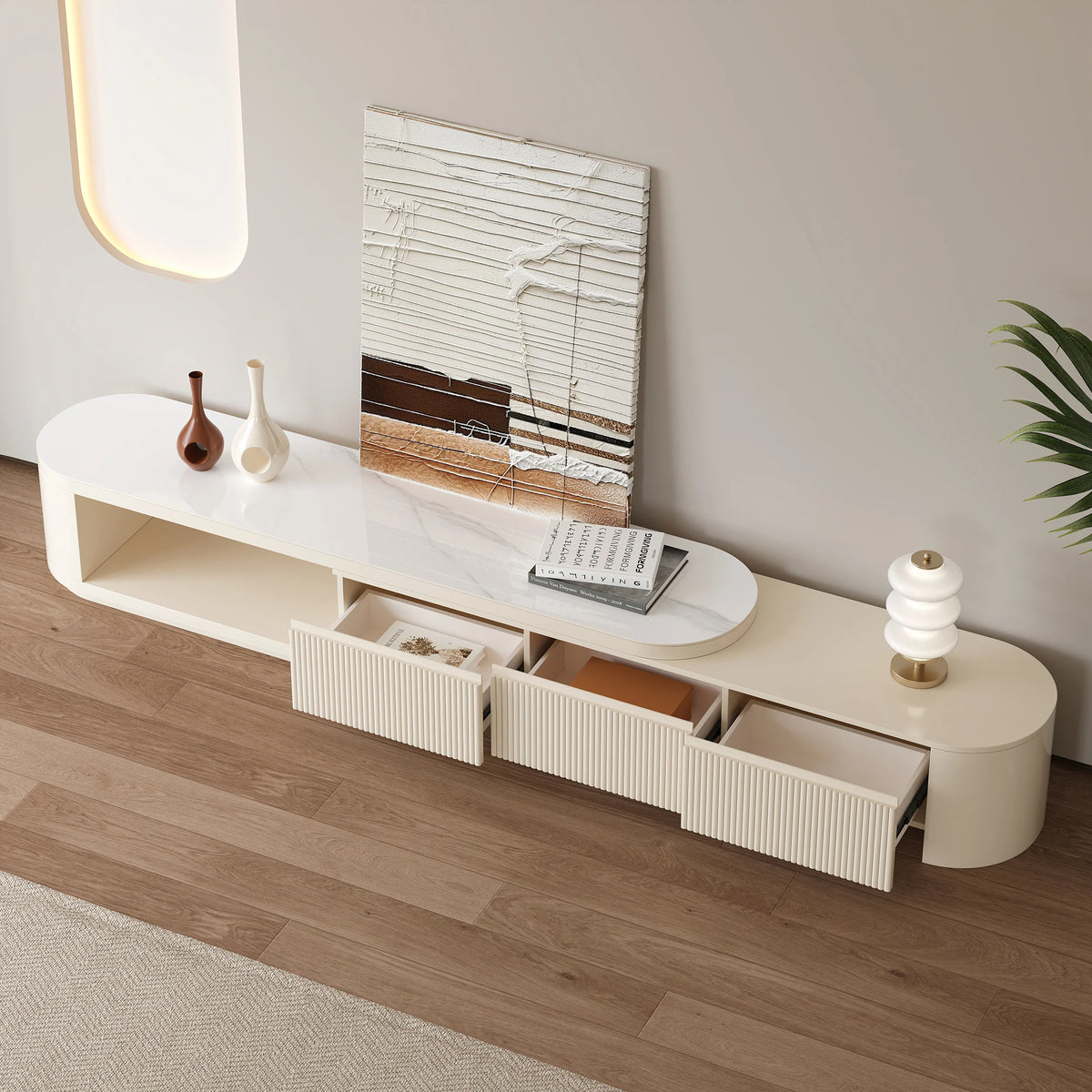 Meuble TV extensible Velar 180 à 290 cm à cannelures avec plateau pierre frittée et 3 tiroirs
