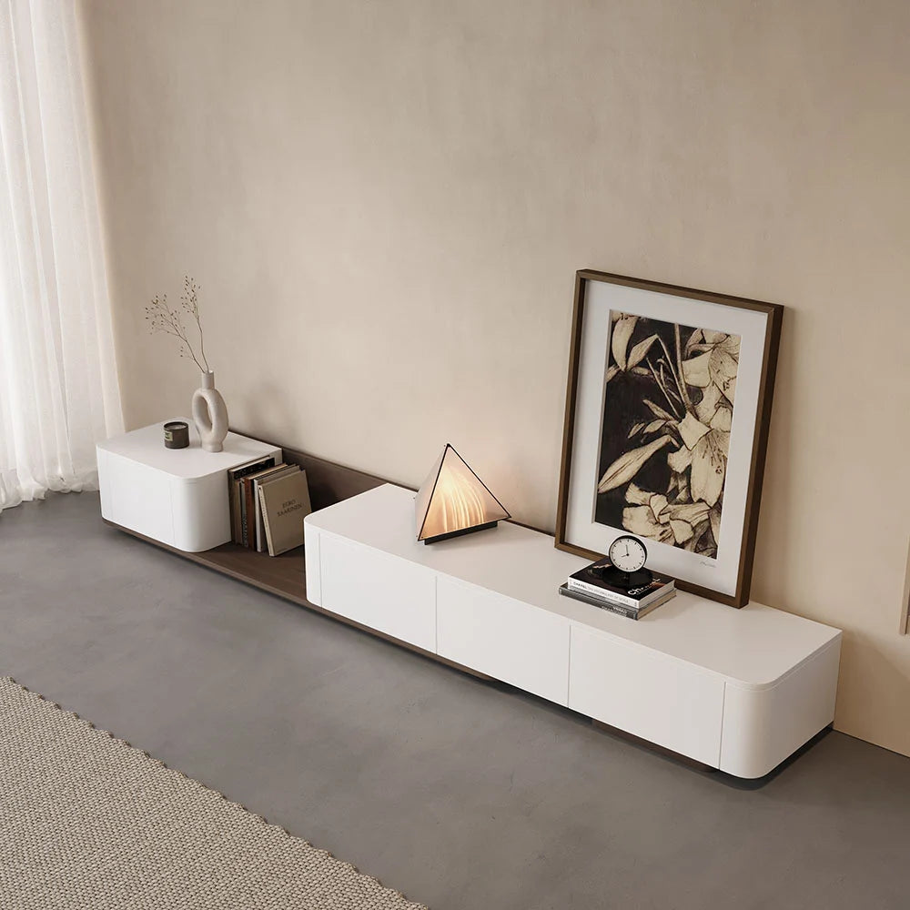 Meuble TV blanc cassé et noyer moderne 200 à 275 cm, extensible, avec 4 tiroirs