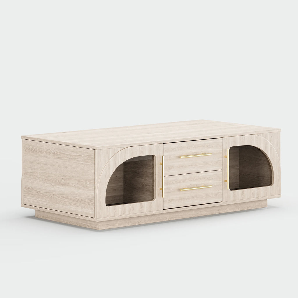 Ensemble meuble TV et table basse Arune avec portes cintrées en verre rangement et éclairage LED Blanc