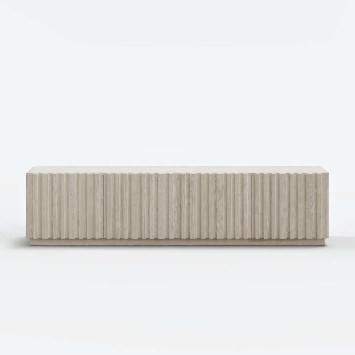 Meuble TV Aura 213 cm en bois de frêne blanc chaulé avec plateau en pierre frittée