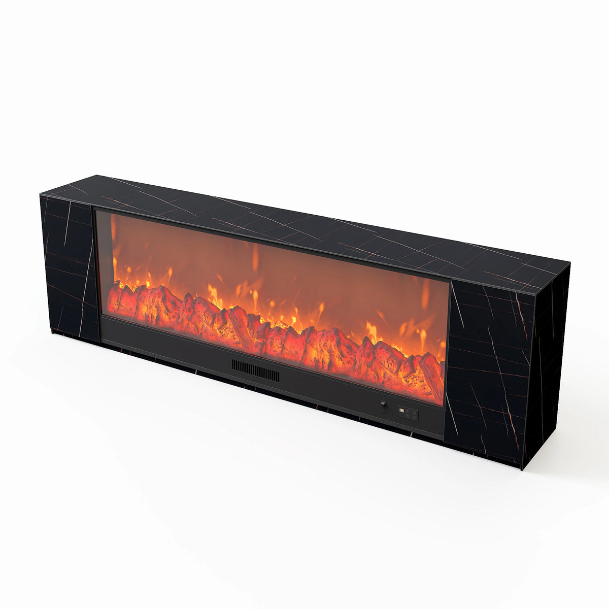 Meuble TV avec cheminée électrique 200 cm en pierre frittée avec télécommande Noir mat