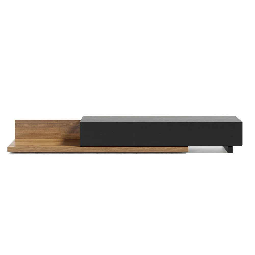 Meuble TV Crator noyer et noir de 210 cm à 280 cm en bois de frêne, extensible, avec 3 tiroirs