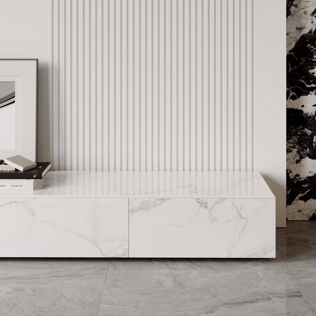 Meuble TV moderne en pierre frittée 200 cm avec 4 tiroirs Blanc brillant