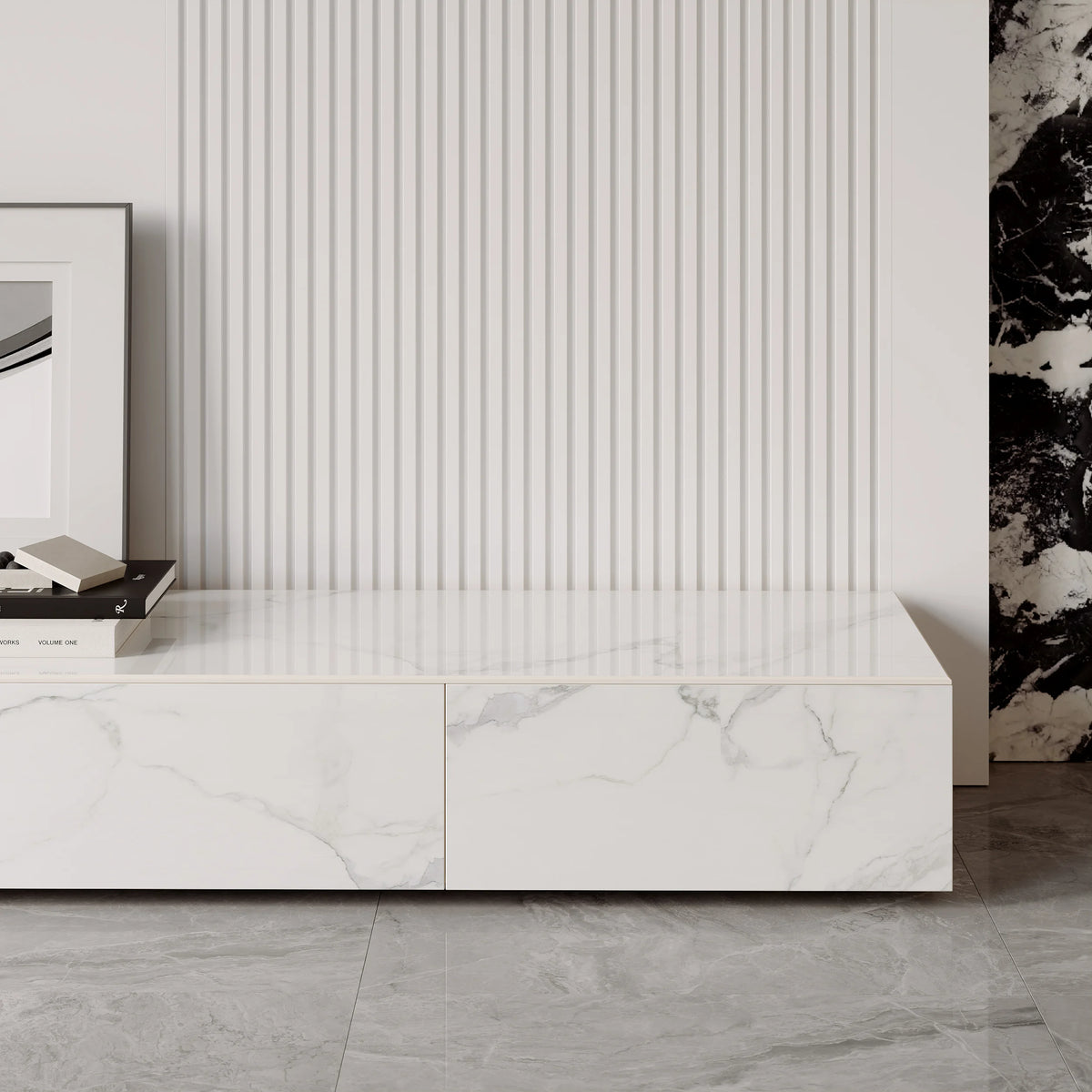 Meuble TV moderne en pierre frittée 200 cm avec 4 tiroirs Blanc brillant