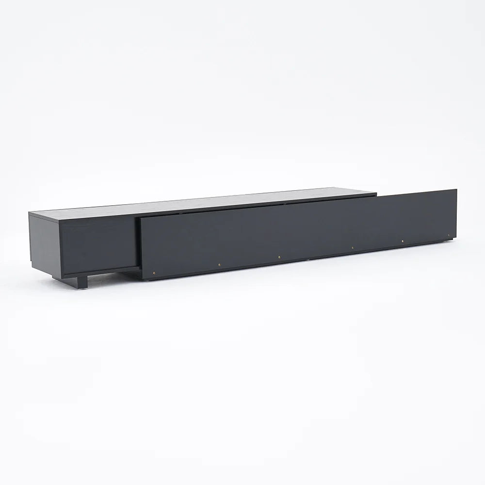 Meuble TV Crator noir 210 à 280 cm en bois de frêne, extensible, avec 3 tiroirs