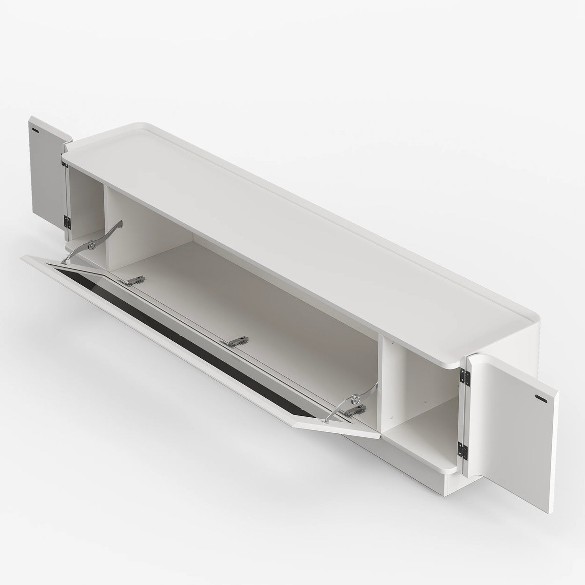 Meuble TV 201 cm avec portes en verre, blanc chaud, avec rangement et LED