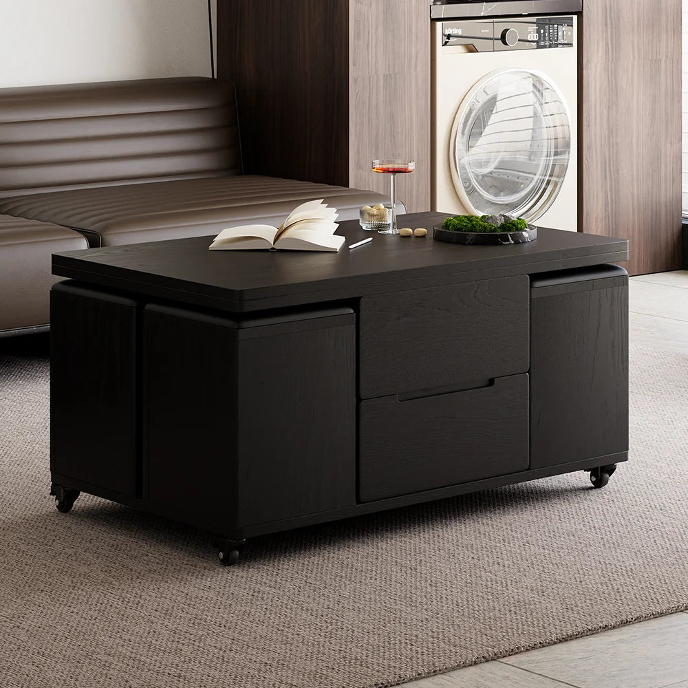 Meuble TV extensible rectangulaire en bois et ensemble de table basse noire à plateau relevable avec rangement