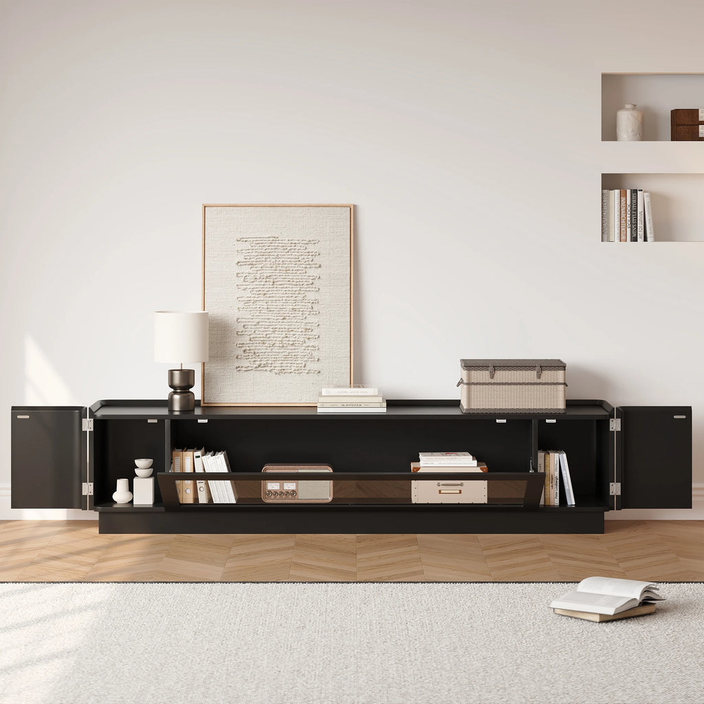 Meuble TV noir de 201 cm avec portes vitrées, rangements et LED