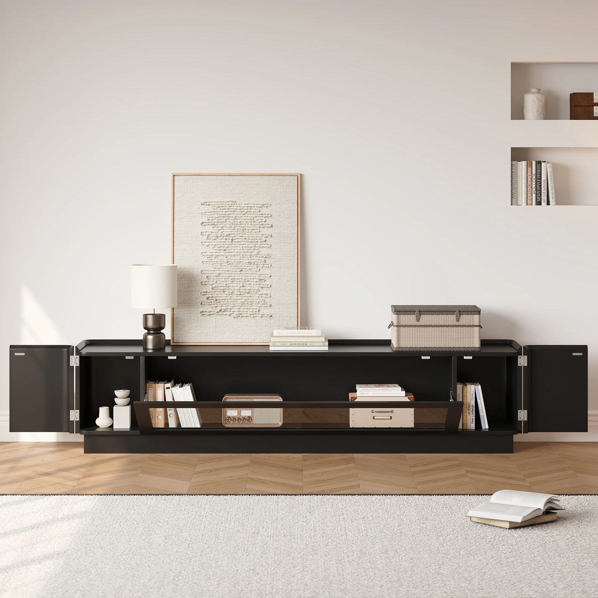 Meuble TV noir de 201 cm avec portes vitrées, rangements et LED