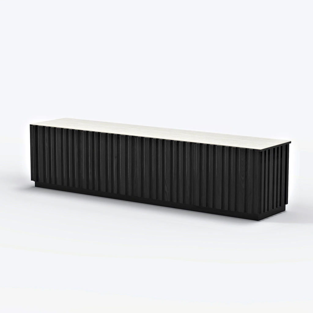 Meuble TV Aura 213 cm en bois de frêne noir avec plateau en pierre frittée