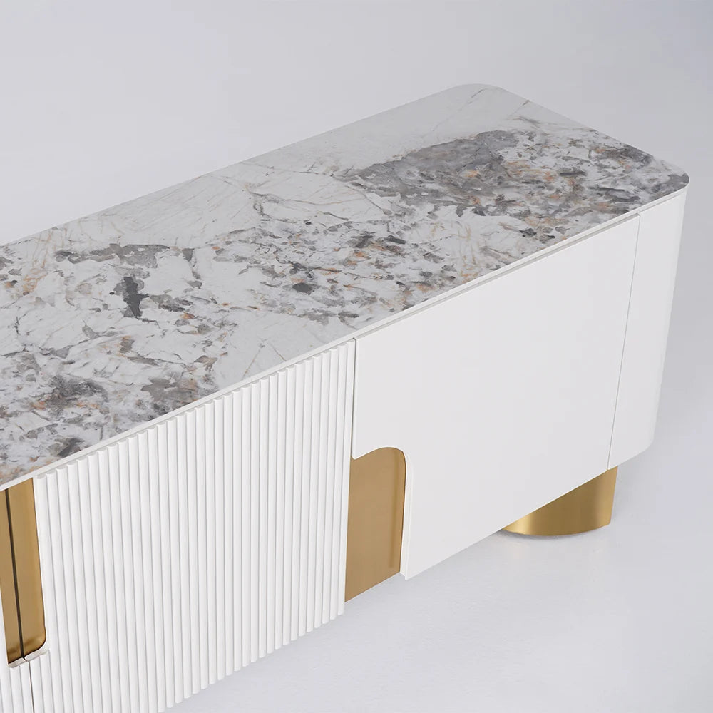 Meuble TV Artis 200 cm avec plateau en pierre, beige et or, 4 portes et rangement