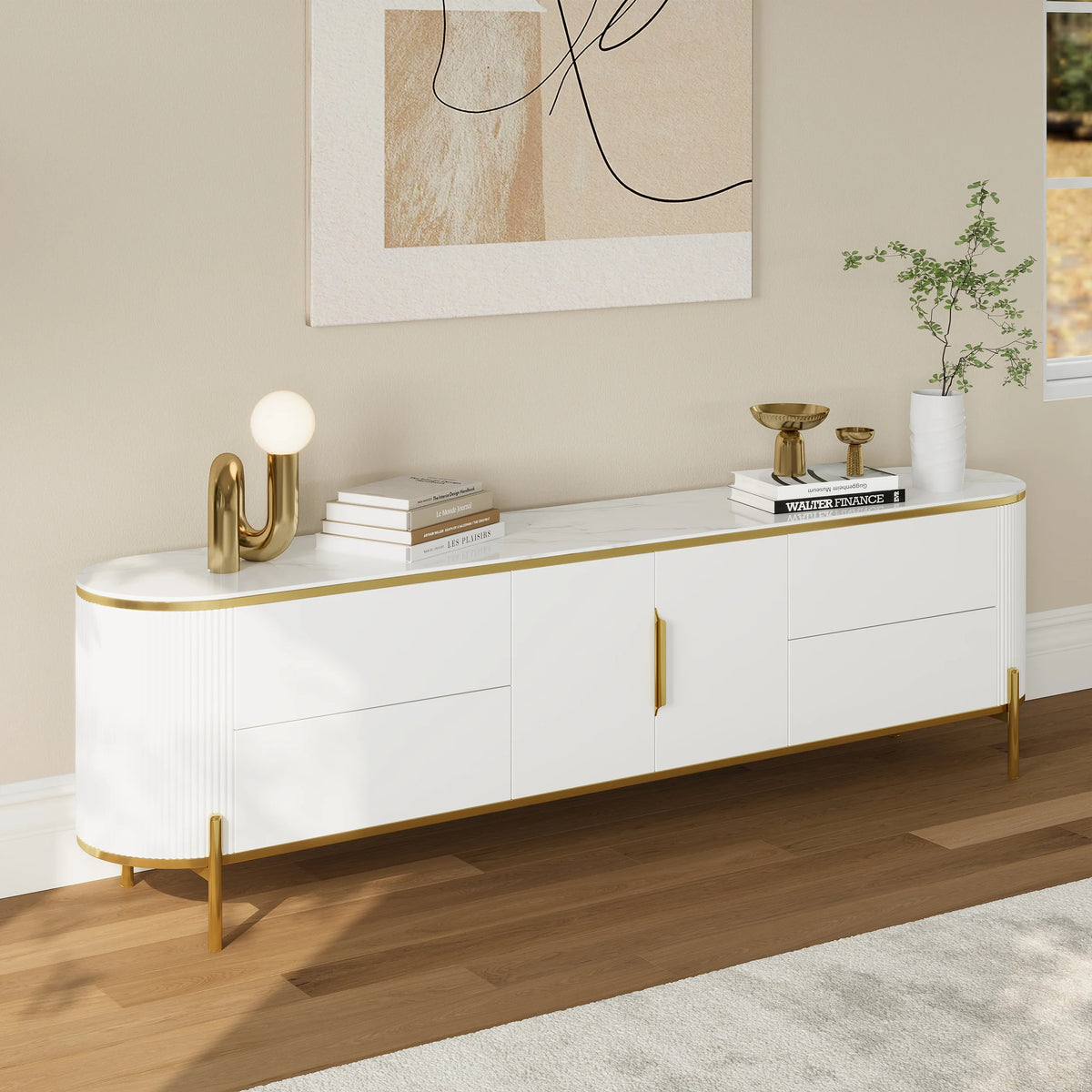Meuble TV Console TV Ovale Moderne et Élégante de 2200mm avec Tiroirs et Portes Blanc
