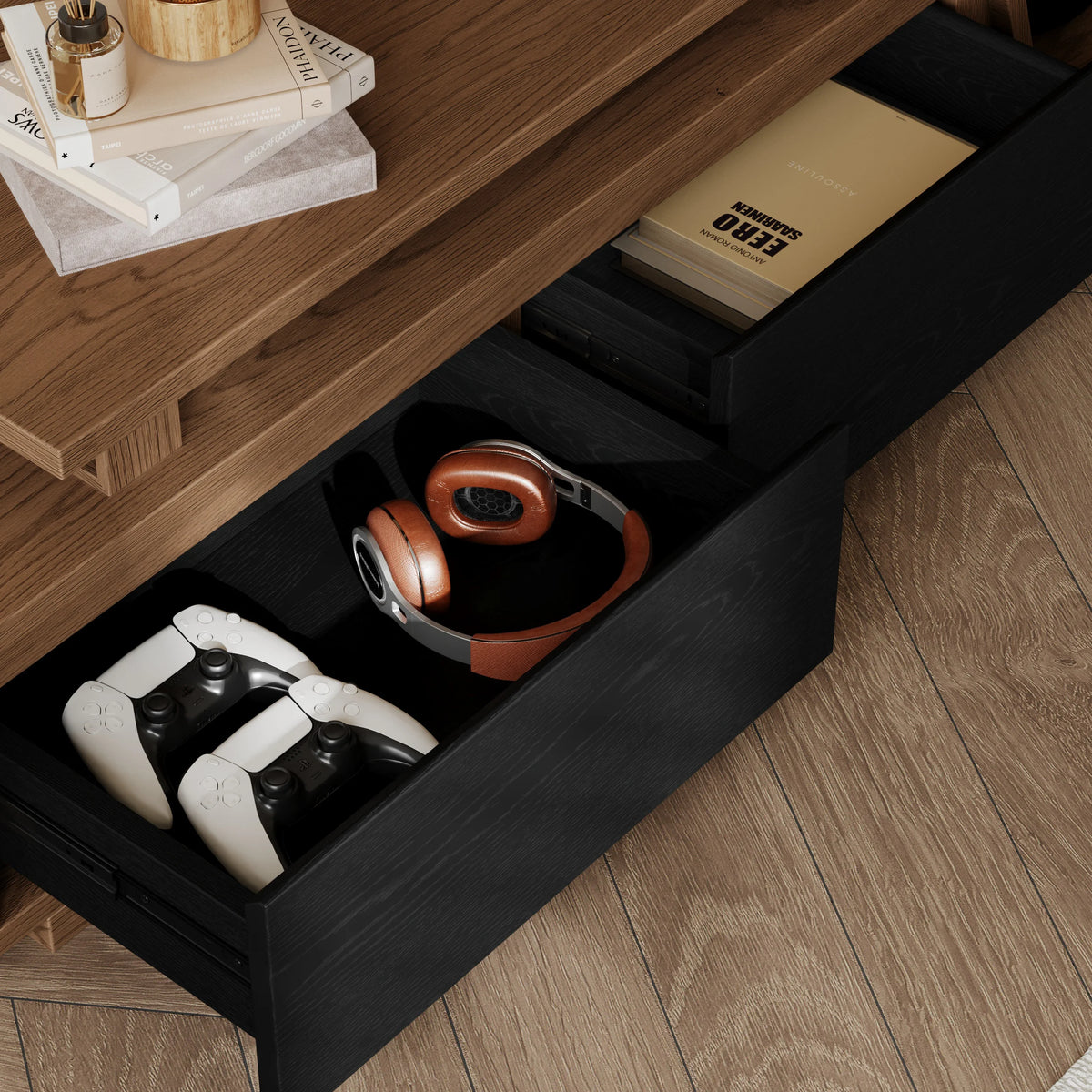 Meuble TV extensible Fero 180 à 280 cm avec 3 tiroirs Noir & noyer