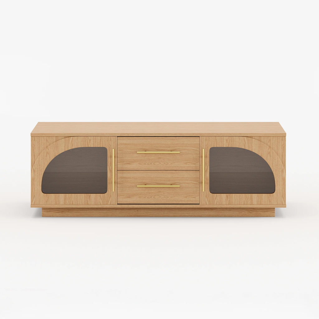 Ensemble meuble TV et table basse Arune avec portes cintrées en verre rangement et éclairage LED Bois naturel