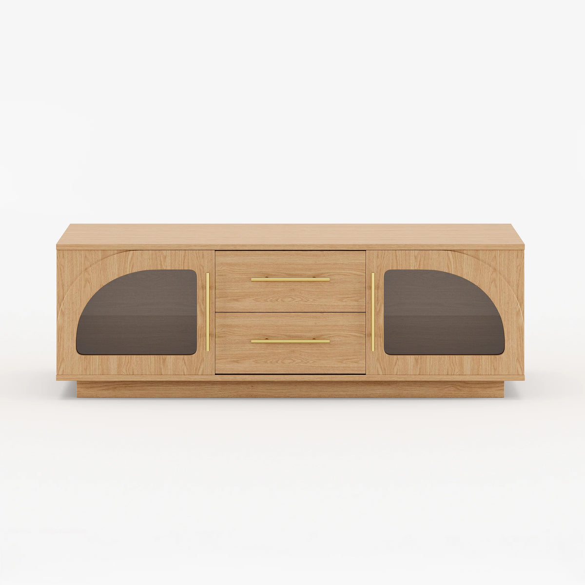 Ensemble meuble TV et table basse Arune avec portes cintrées en verre rangement et éclairage LED Bois naturel