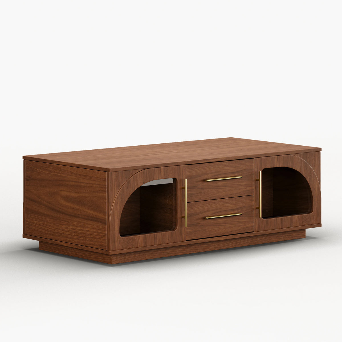 Ensemble meuble TV et table basse Arune avec portes cintrées en verre rangement et éclairage LED Noyer