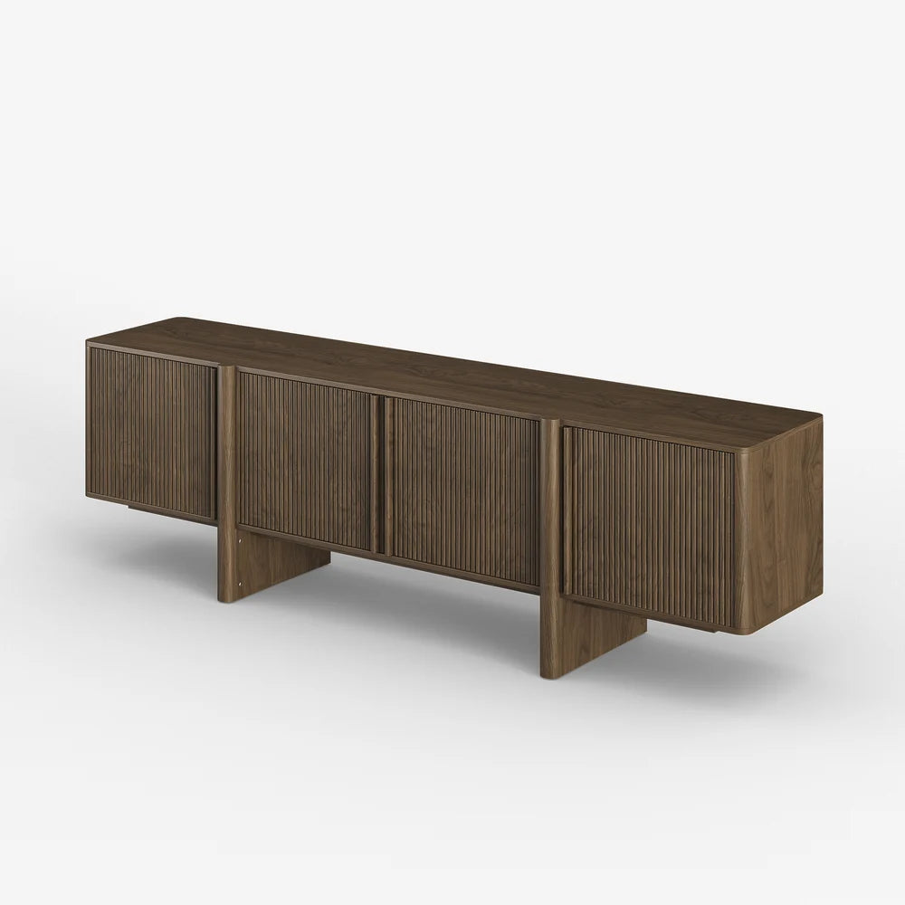 Meuble TV Lineva 203 cm en bois massif cannelé marron fumé avec armoires
