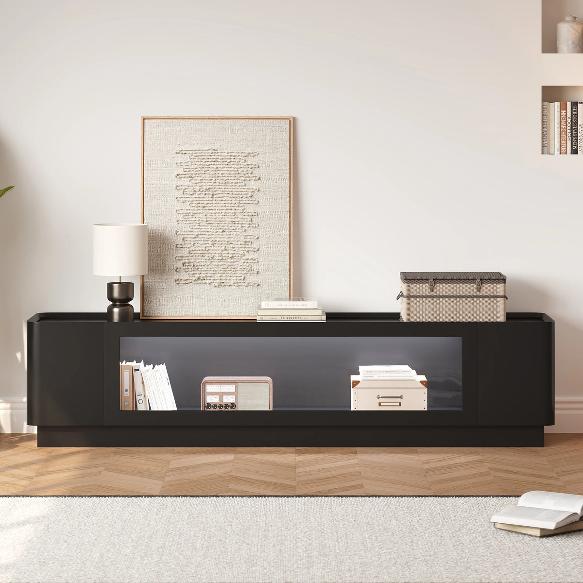Meuble TV noir de 201 cm avec portes vitrées, rangements et LED