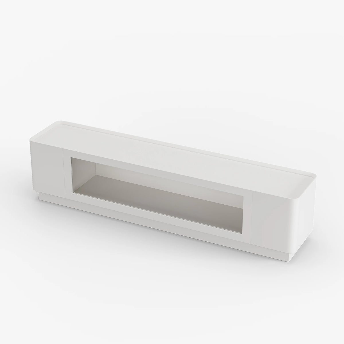 Meuble TV 201 cm avec portes en verre, blanc chaud, avec rangement et LED