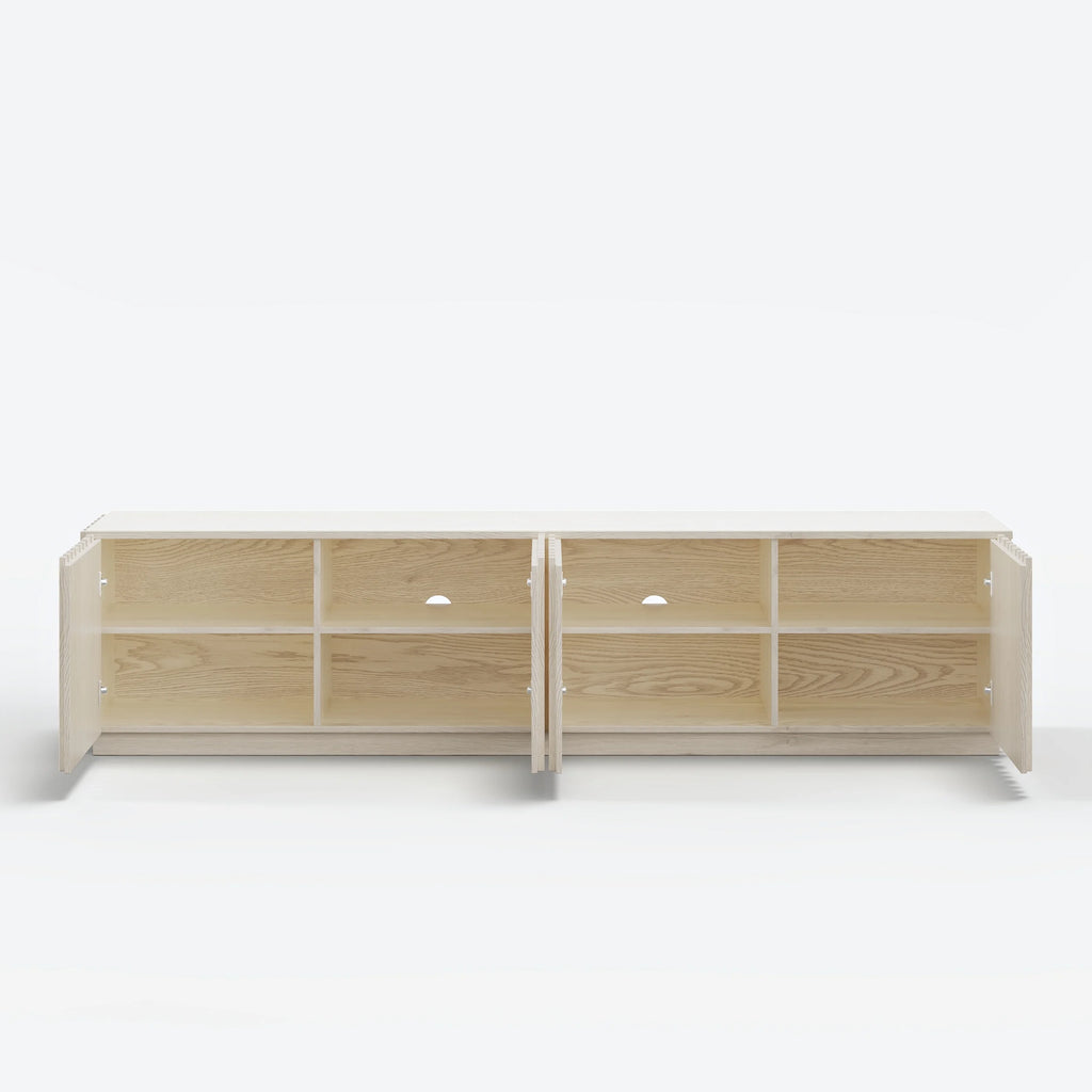 Meuble TV Aura 213 cm en bois de frêne blanc chaulé avec plateau en pierre frittée