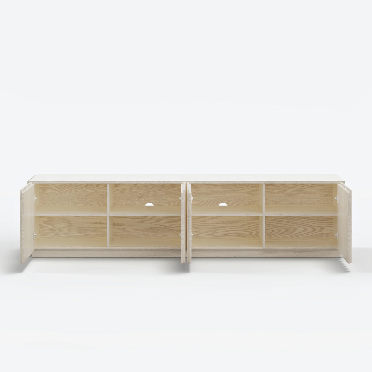 Meuble TV Aura 213 cm en bois de frêne blanc chaulé avec plateau en pierre frittée