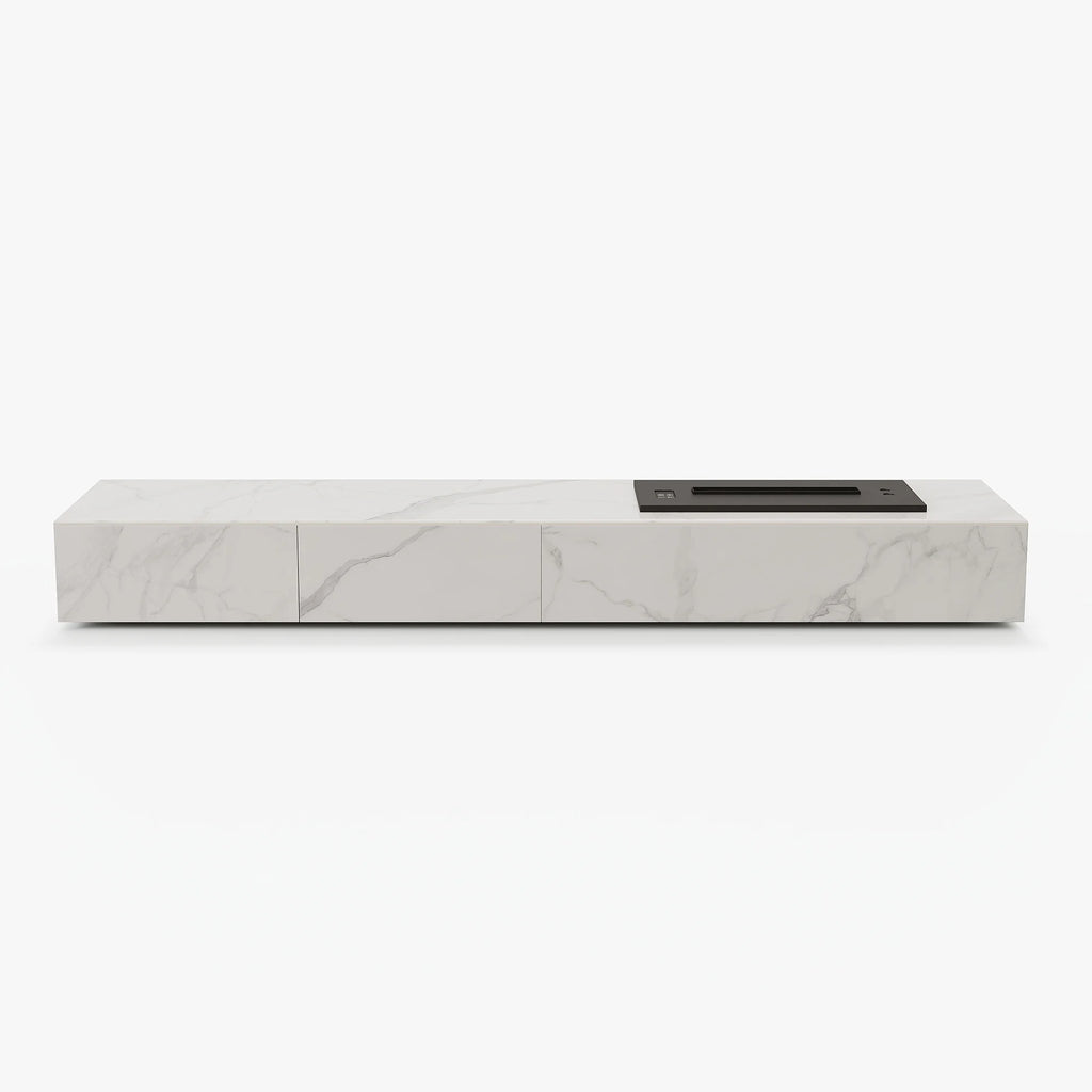 Meuble TV moderne 200 cm, effet flammes LED, humidificateur et 2 tiroirs Blanc brillant