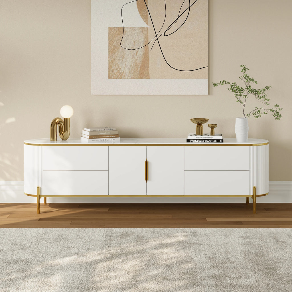 Meuble TV Console TV Ovale Moderne et Élégante de 2200mm avec Tiroirs et Portes Blanc