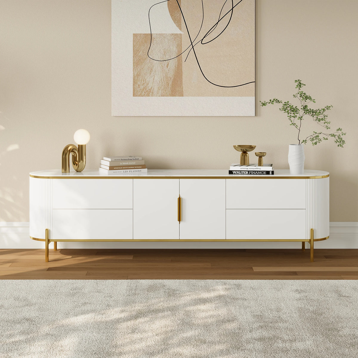 Meuble TV Console TV Ovale Moderne et Élégante de 2200mm avec Tiroirs et Portes Blanc