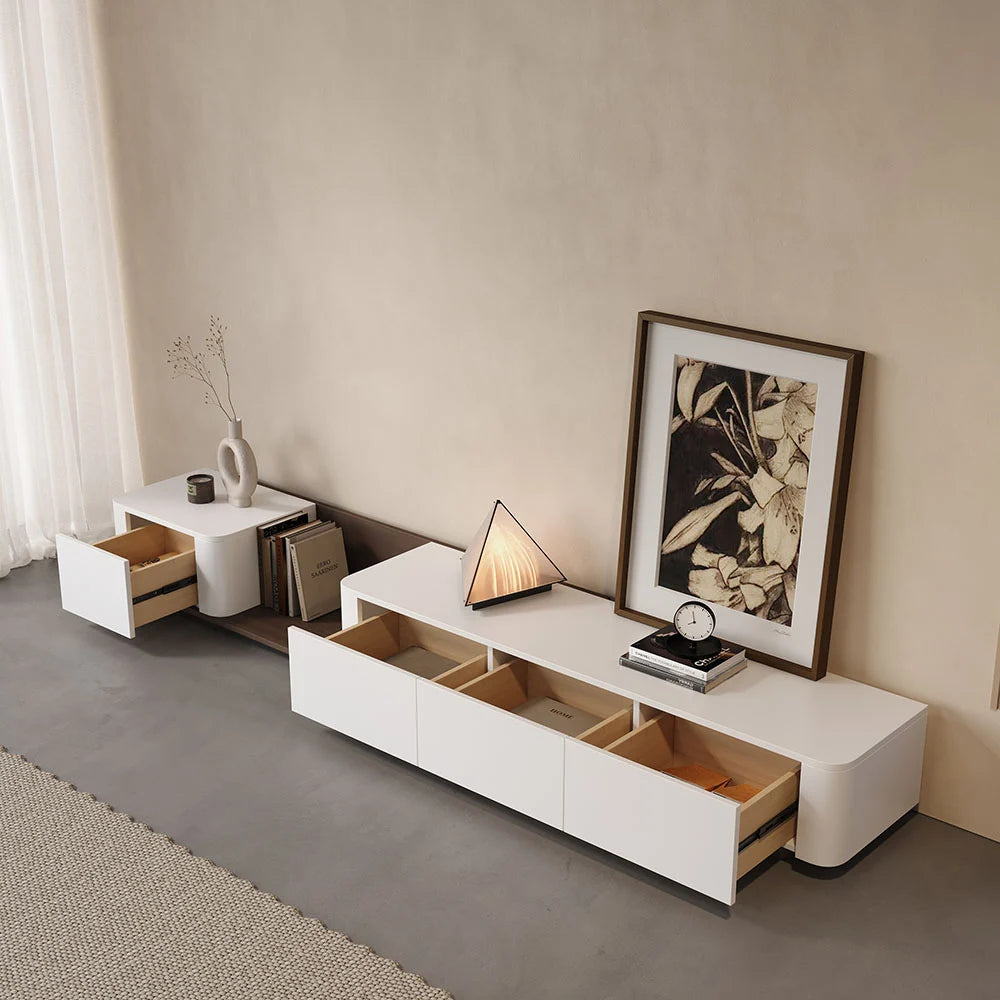 Meuble TV blanc cassé et noyer moderne 200 à 275 cm, extensible, avec 4 tiroirs