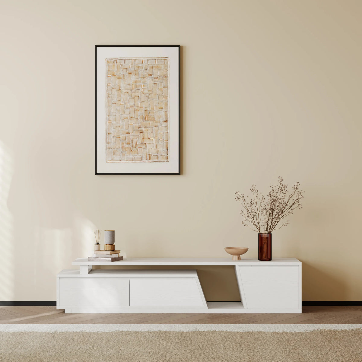 Meuble TV extensible Fero 180 à 280 cm avec 3 tiroirs Blanc