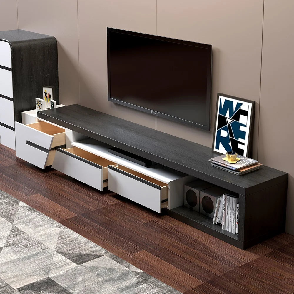 Pinkle Meuble TV Extensible Moderne avec Étagère et Tiroir Blanc et Noir