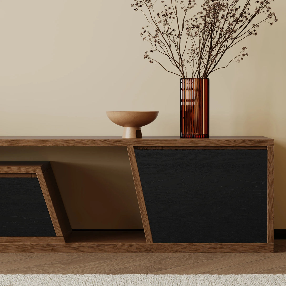 Meuble TV extensible Fero 180 à 280 cm avec 3 tiroirs Noir & noyer
