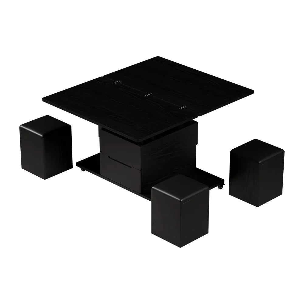 Meuble TV extensible rectangulaire en bois et ensemble de table basse noire à plateau relevable avec rangement