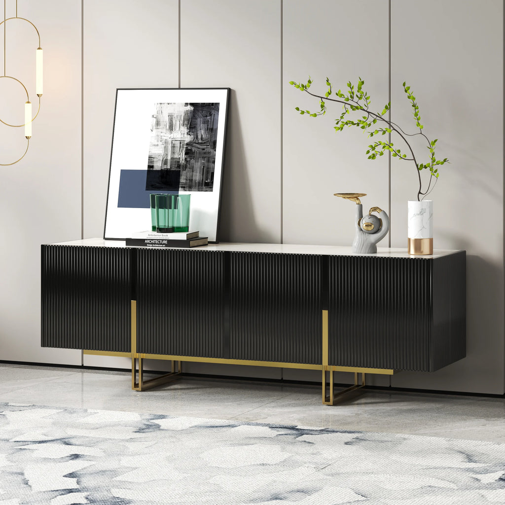 Meuble TV Grovyn 150 cm avec plateau en pierre frittée et design cannelé Noir brillant