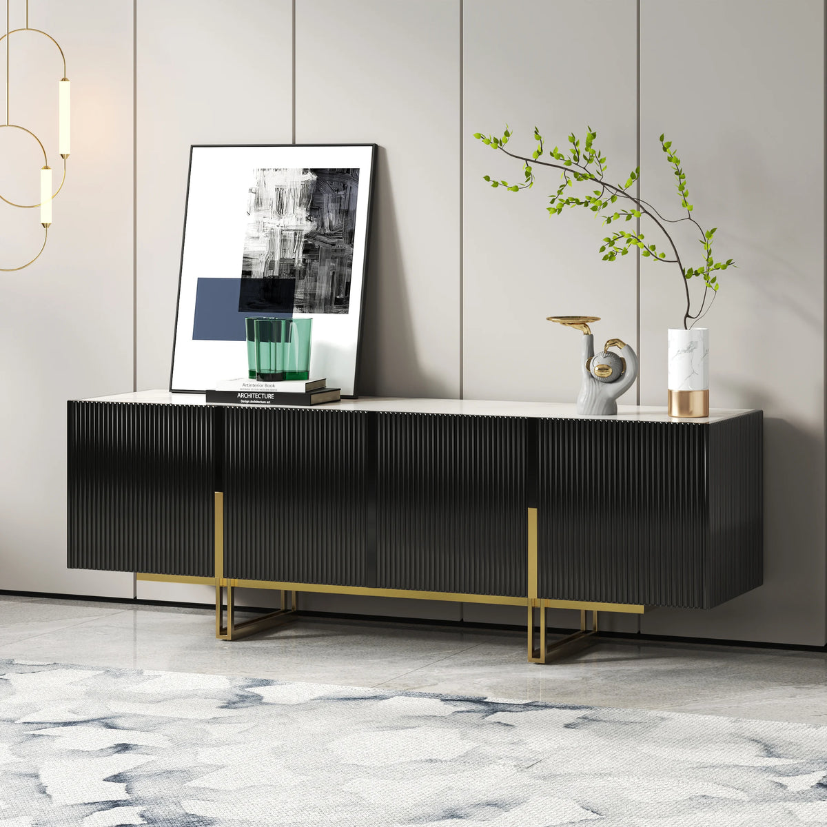 Meuble TV Grovyn 150 cm avec plateau en pierre frittée et design cannelé Noir brillant