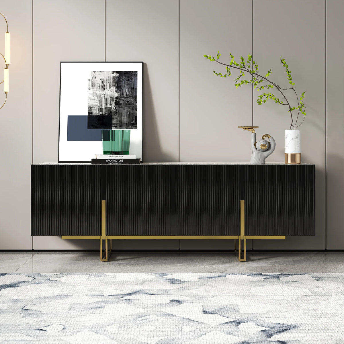 Meuble TV Grovyn 150 cm avec plateau en pierre frittée et design cannelé Noir brillant