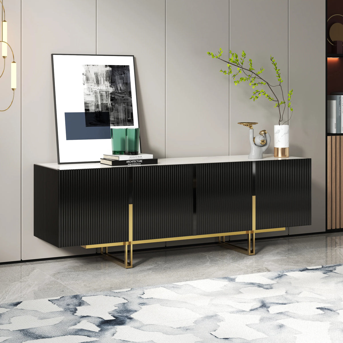 Meuble TV Grovyn 150 cm avec plateau en pierre frittée et design cannelé Noir brillant