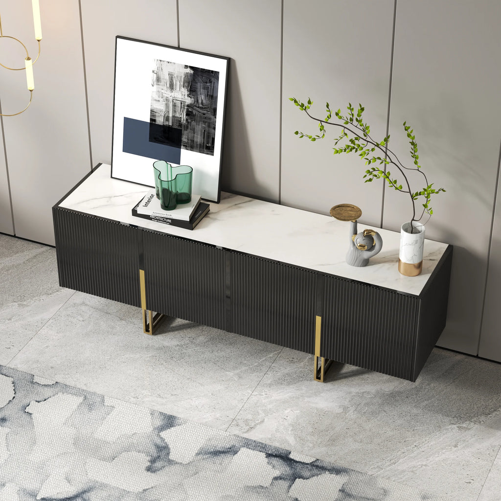 Meuble TV Grovyn 150 cm avec plateau en pierre frittée et design cannelé Noir brillant