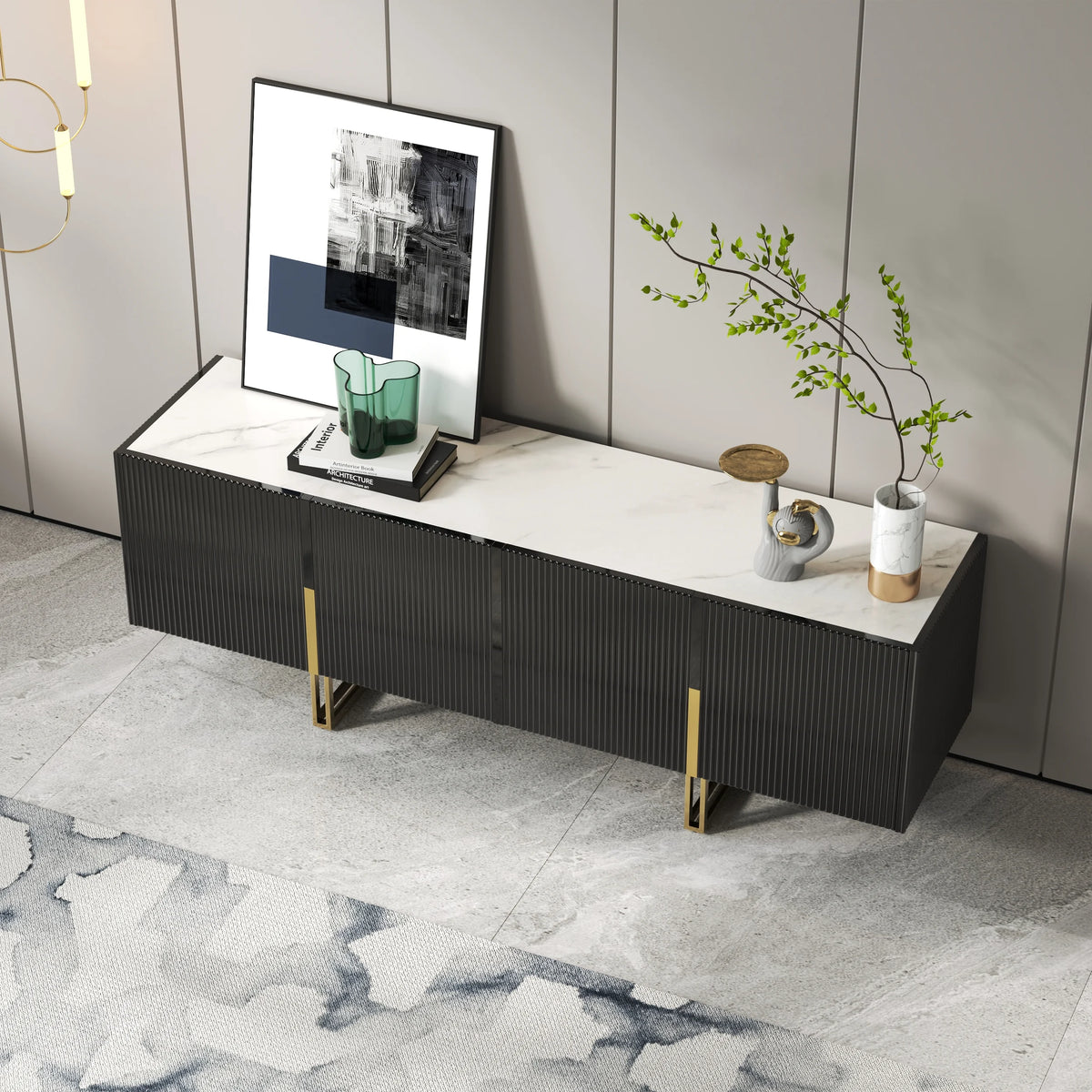 Meuble TV Grovyn 150 cm avec plateau en pierre frittée et design cannelé Noir brillant