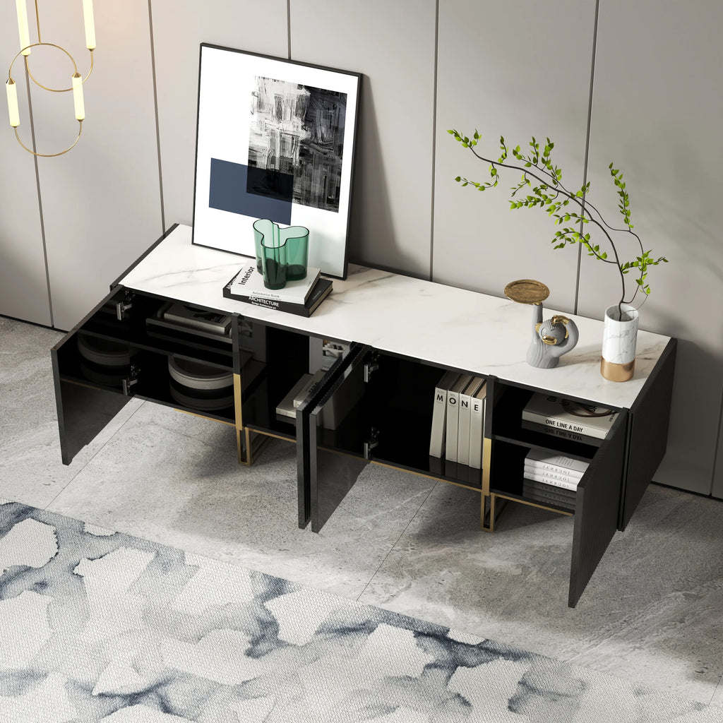Meuble TV Grovyn 150 cm avec plateau en pierre frittée et design cannelé Noir brillant