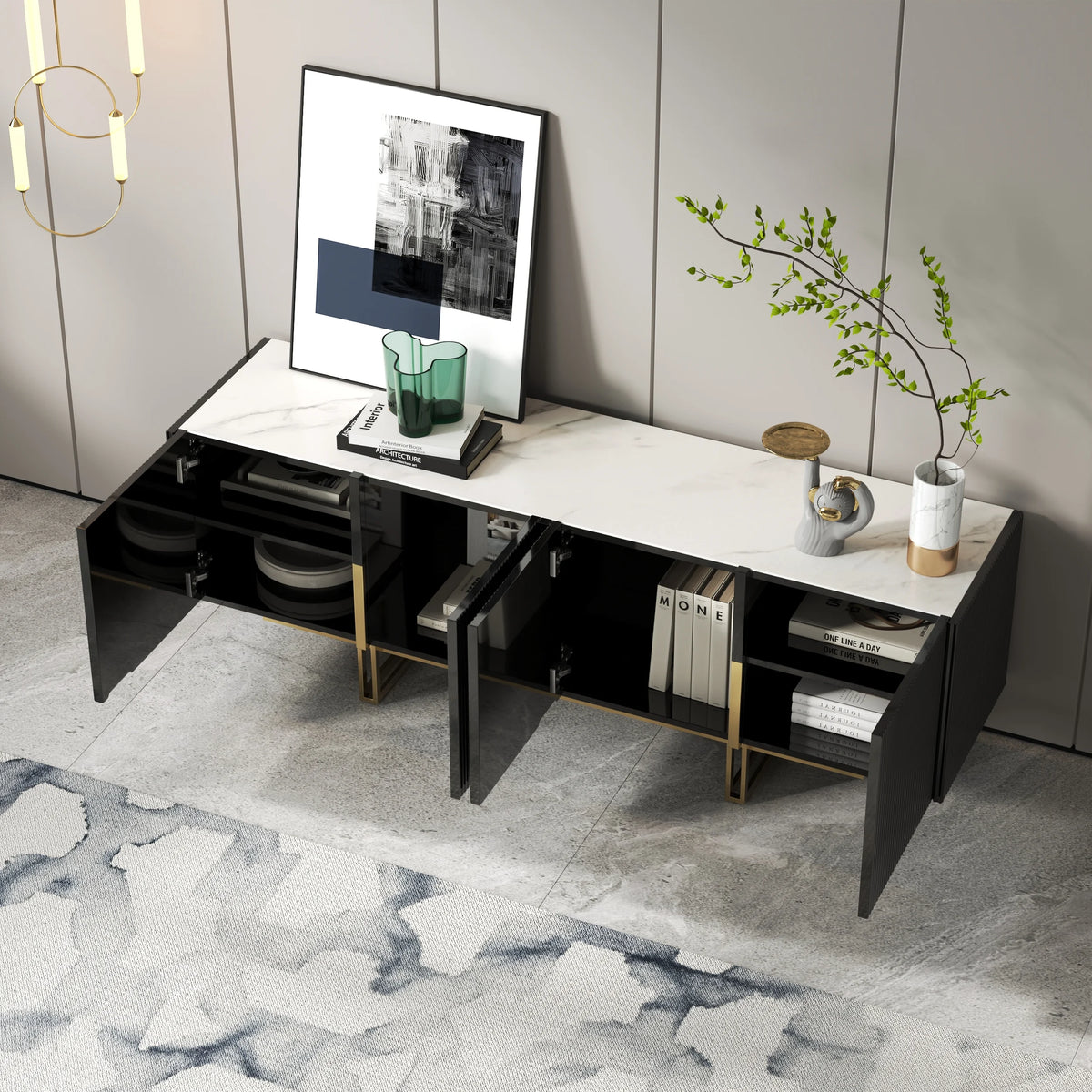 Meuble TV Grovyn 150 cm avec plateau en pierre frittée et design cannelé Noir brillant
