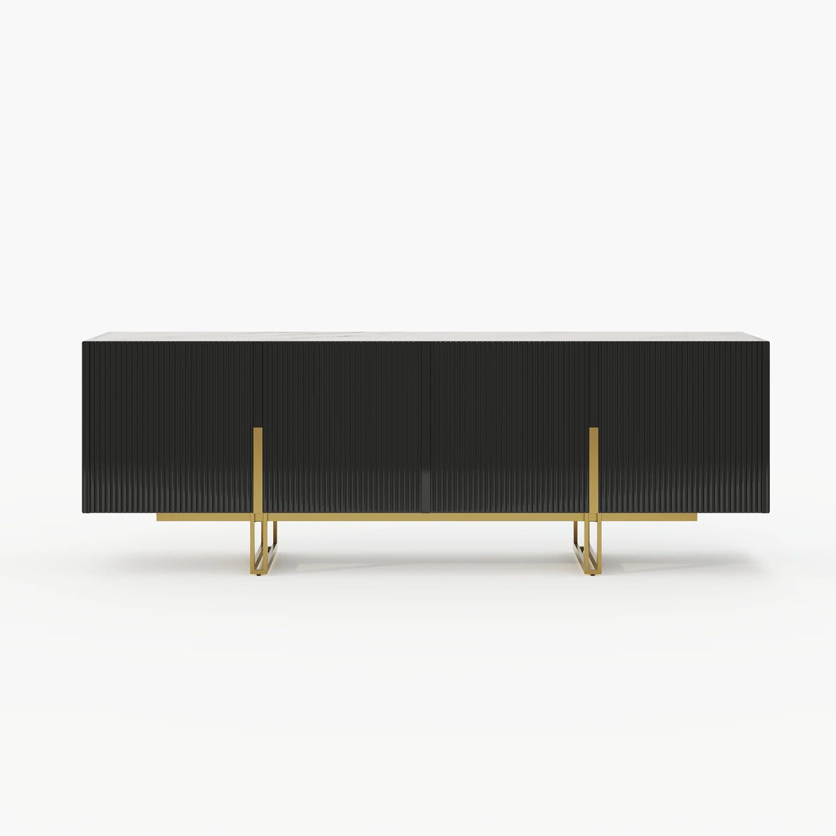 Meuble TV Grovyn 150 cm avec plateau en pierre frittée et design cannelé Noir brillant