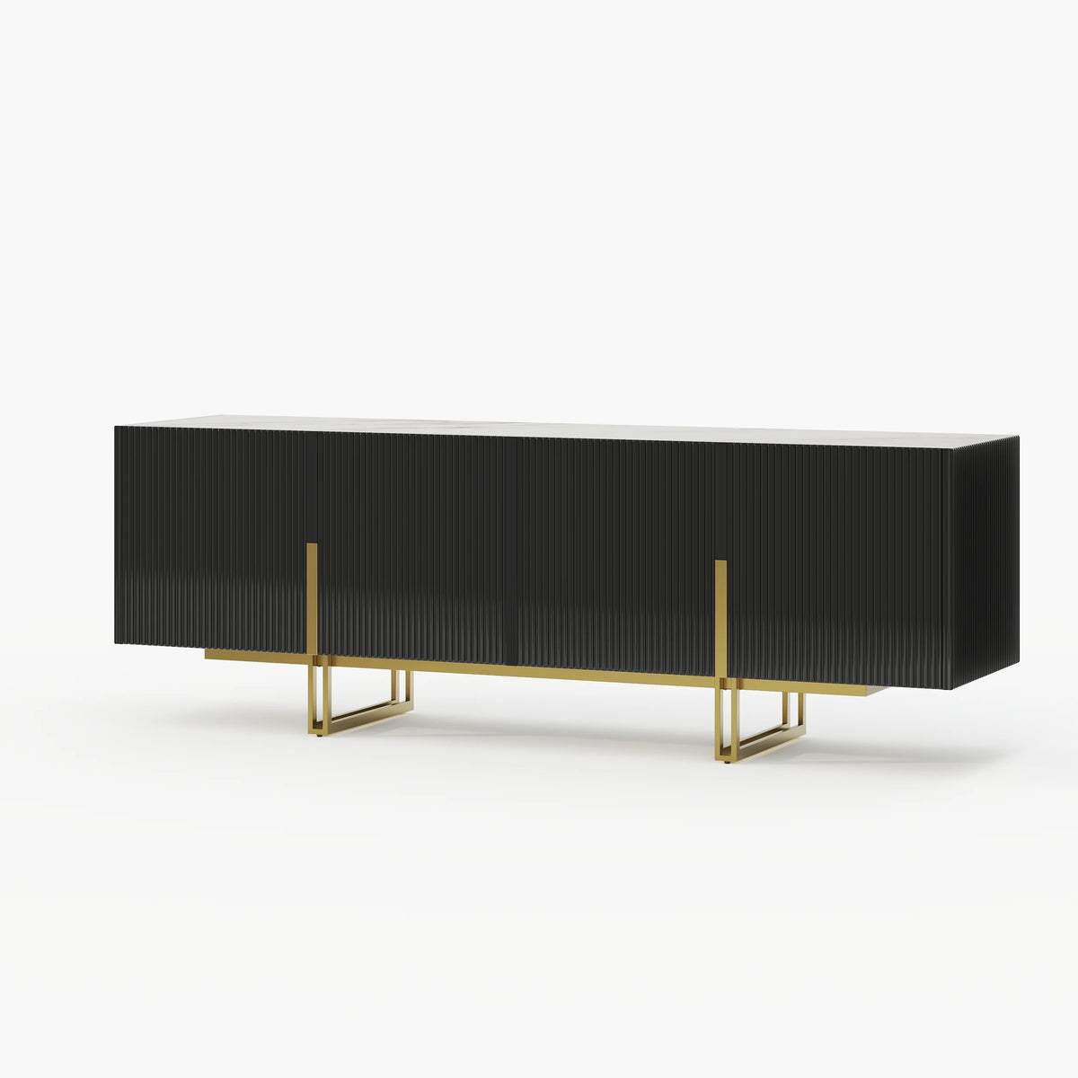 Meuble TV Grovyn 150 cm avec plateau en pierre frittée et design cannelé Noir brillant