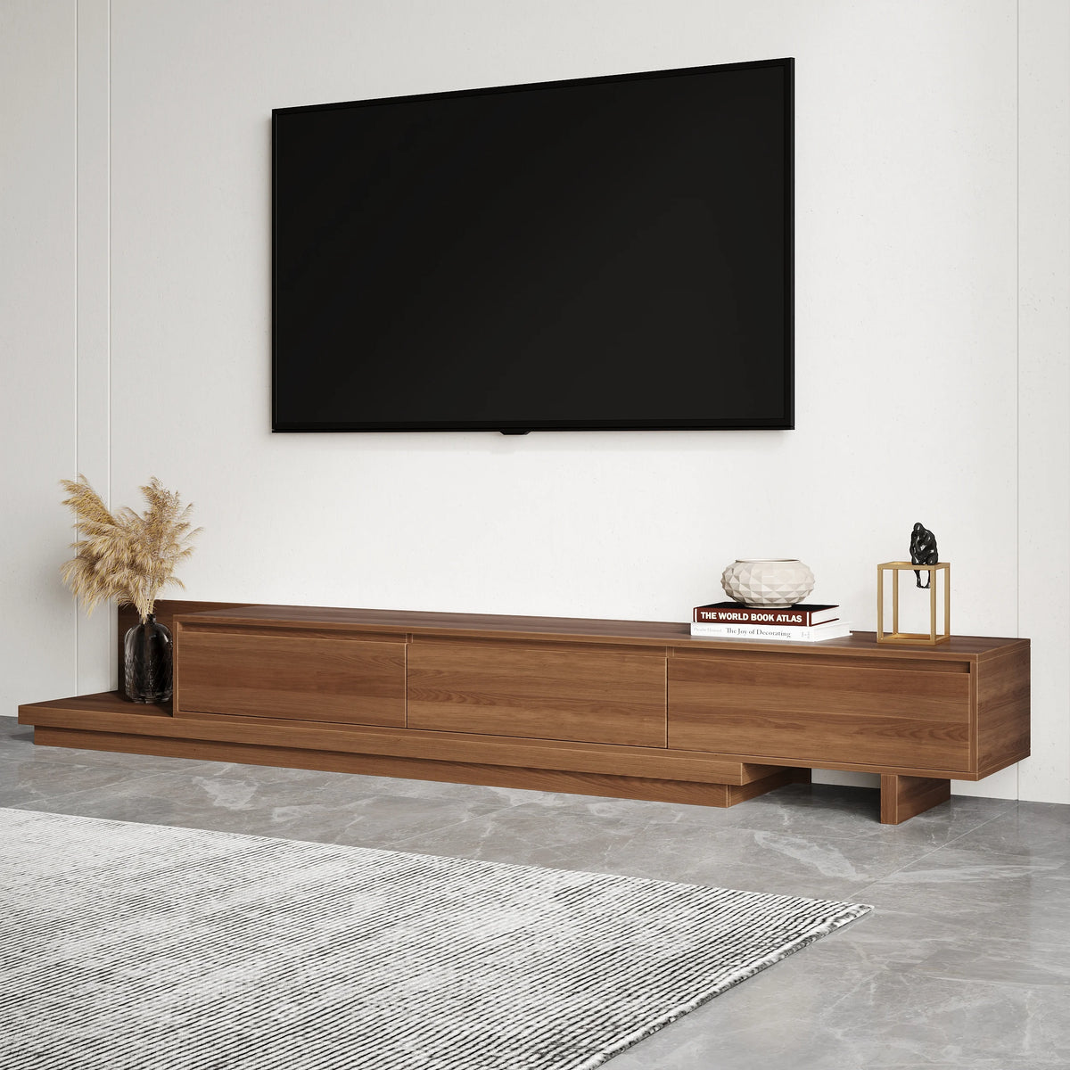 Meuble TV extensible Fero en noyer avec 3 tiroirs (2 000 mm à 3 600 mm)