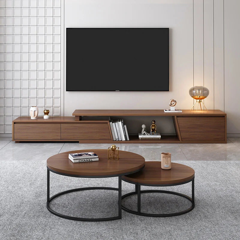 Ensemble meuble tv extensible et table basse emboîtable Fero en noyer